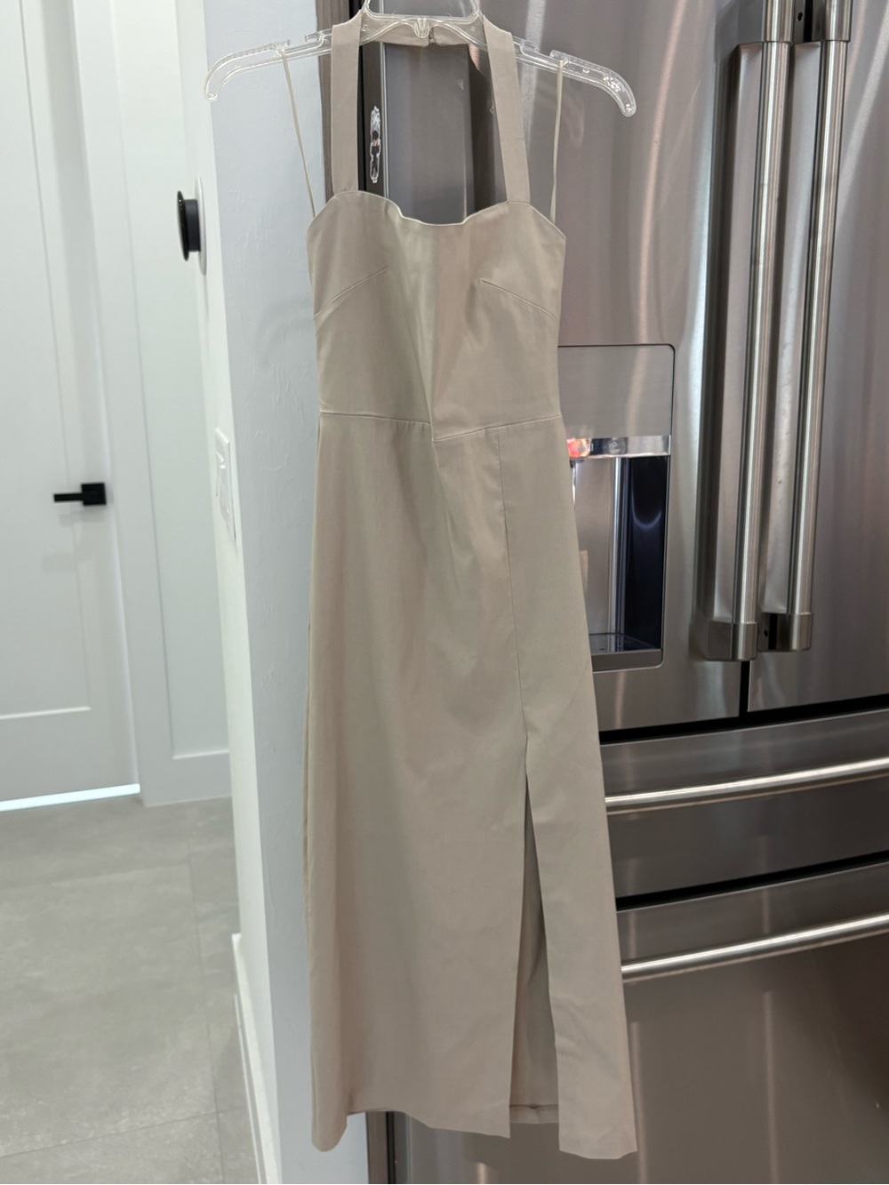 Sleeveless Beige Midi Dress with Front Slit